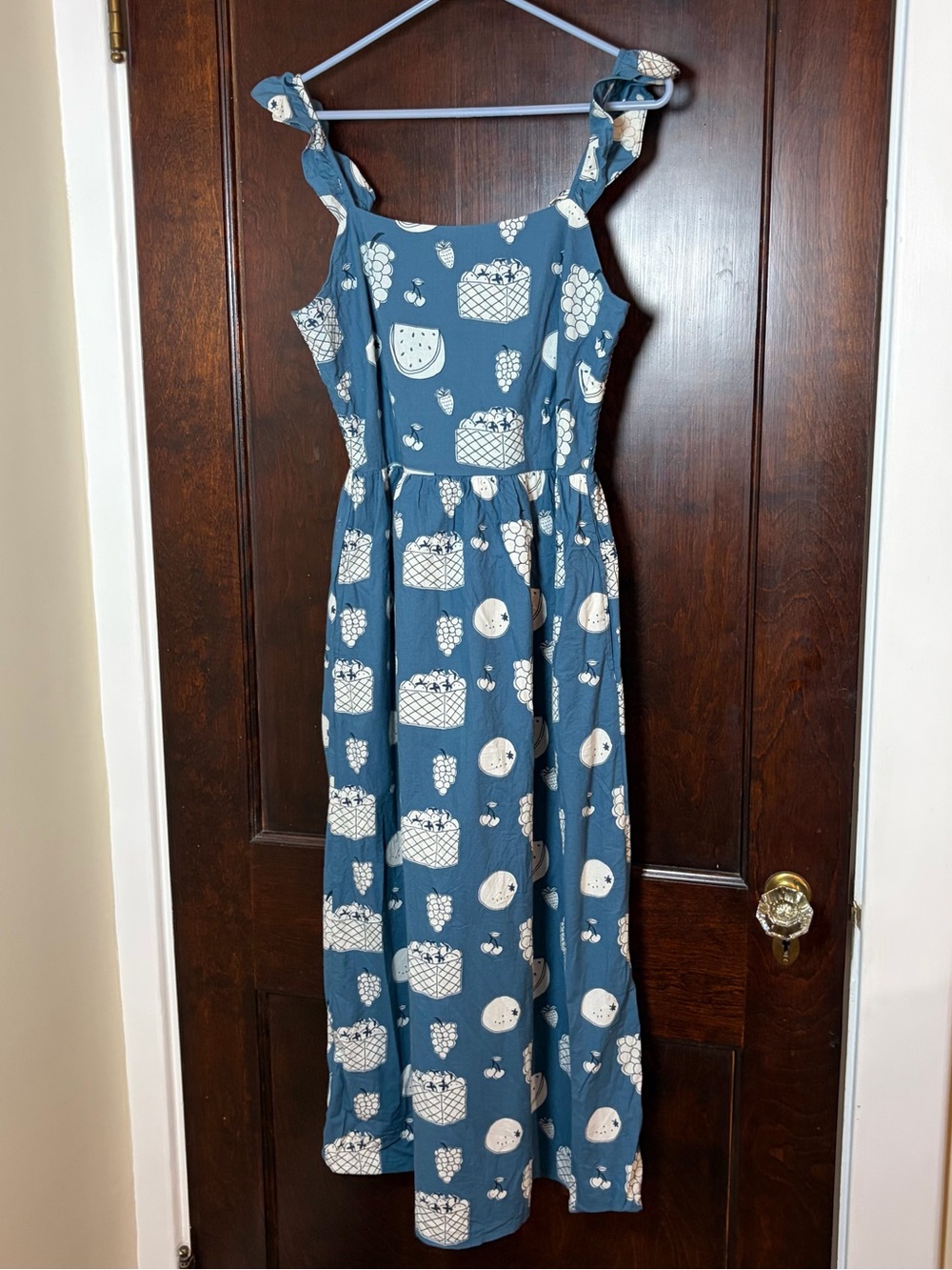 Mata Traders Sundress Size Small Ruffle Strap Dress Blue Fruit Print Cotton